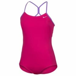 Best Sale 🌟 Nike 👧 Girls' Solid Skinny-Strap One-Piece 🩱 Swimsuit Dark Pink 🔔
