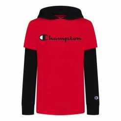 New 🤩 Champion Boys' 2fer Long-Sleeve Hooded Tee Red/Black 👍