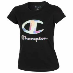 New 🛒 Champion 👧 Girls' Multi Stripe Pattern Tee Black ✨