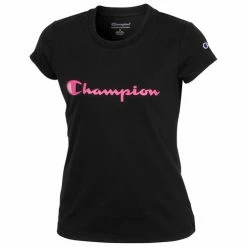 Cheapest 🤩 Champion 👧 Girls' Classic Script Short-Sleeve Graphic Tee Black 💯