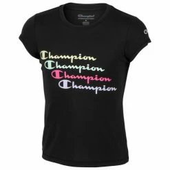 Discount 🧨 Champion 👧 Girls' Stair Stack Script Short-Sleeve Tee Black ✨