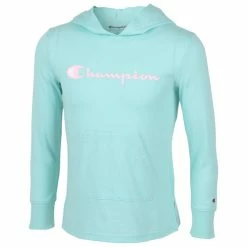 Cheap 🥰 Champion 👧 Girls' Classic Script Hooded Jersey Tee Aqua ✔️